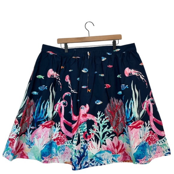 Modcloth Blue Ocean Marine Life Octopus Fish Print Mini A-Line Full Skirt Sz. 2X - Picture 2 of 15